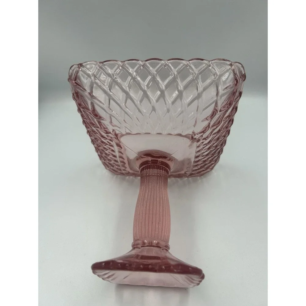 Pink Glass Square Pedestal Compote Dish, Diamond Pattern, 8 in x 8 in